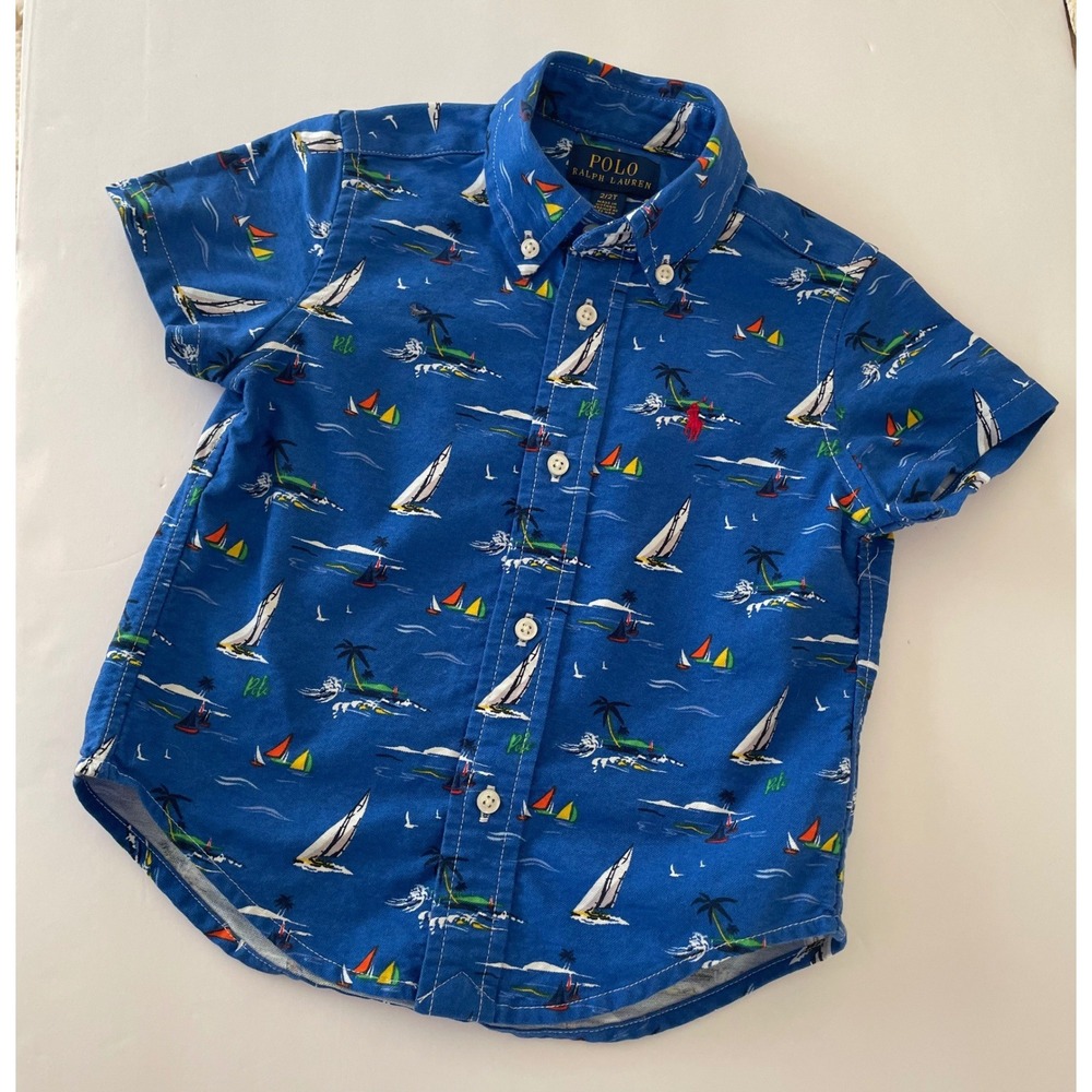 Polo Ralph Lauren Kids Blue Nautical Sailboat Short Sleeve Button Down Shirt 2T